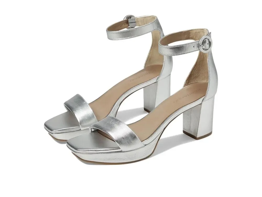 BERNARDO® CARLA STRAP HEELS FOR WOMEN – LEATHER UPPER  – BLOCK HEELS SILVER 6 M